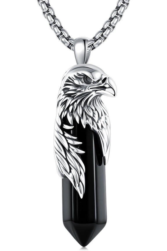 Eagle Necklace with Black Obsidian 925 Sterling Silver Cool Hawk Pendant Necklaces Jewelry for Men, w/Stainless Steel Chain 22'' + 2''
