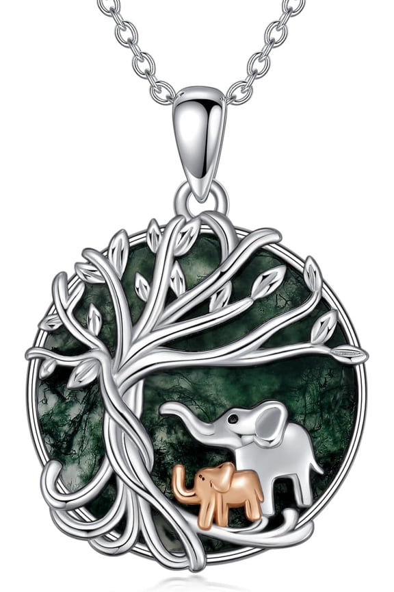 Elephant Tree of Life Necklace 925 Sterling Silver Tree of Life Pendant Necklace Two Elephant Necklace Elephant Gift for Women Mother's Day Gift, Standard Sterling Silver, Agate