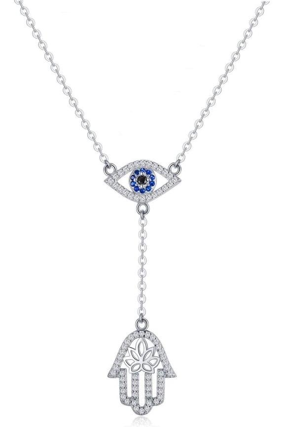 Evil Eye Necklace 925 Sterling Silver Hamsa Hand Y Necklace Protection Amulet Evil Eye Jewelry Women's Birthday Gift