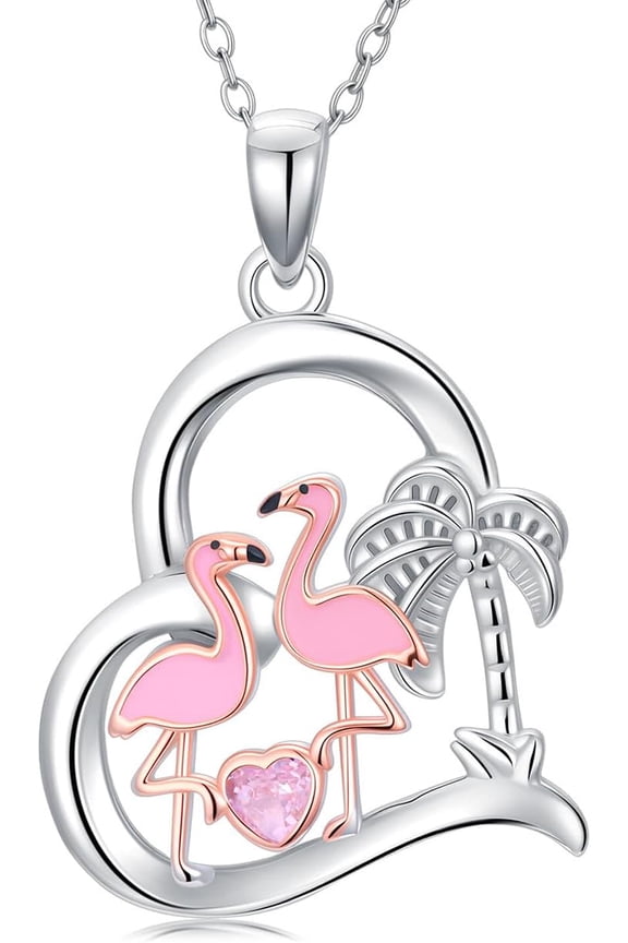 Flamingo Necklace 925 Sterling Silver Coconut Tree with Heart Cut Pink Tourmaline Pendant Necklace for Women
