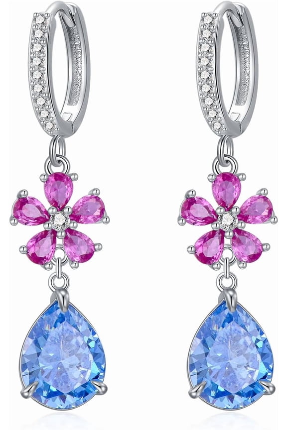 Flower Earrings for Women 925 Sterling Silver Teardrop Gemstone Wedding Bridal Dangle for Her