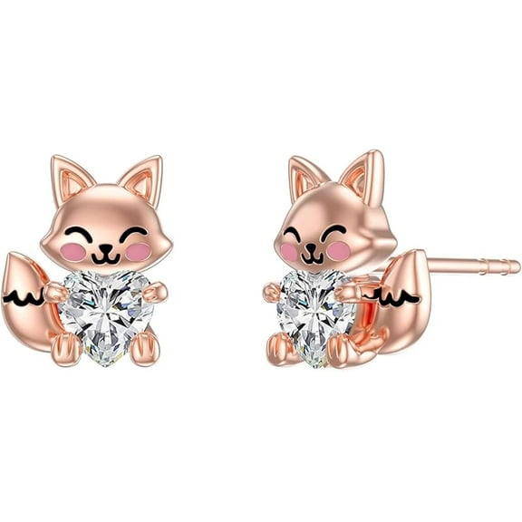DVEATR Fox Earrings for Women 925 Sterling Silver Cute Fox Holding Heart Stud Earrings