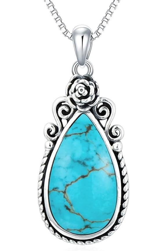 Genuine Turquoise Birth Flower Pendant Necklace, Sterling Silver Vintage Native Western Jewelry Birthdays Gift for Women