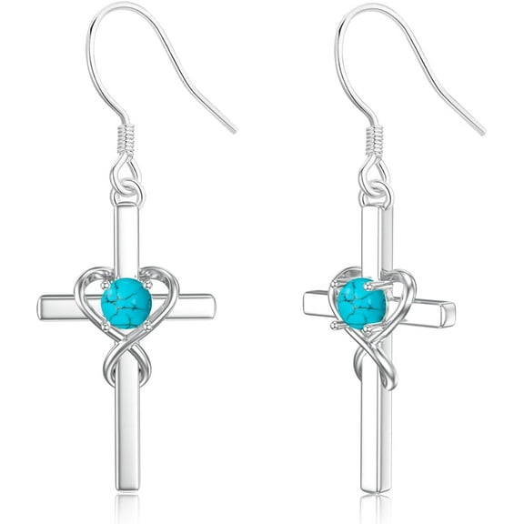 DVEATR Genuine Turquoise Cross Dangling Earrings for Women 925 Sterling Silver Heart Shape Dangle Earring with Fish Hook Back Jewelry for Her