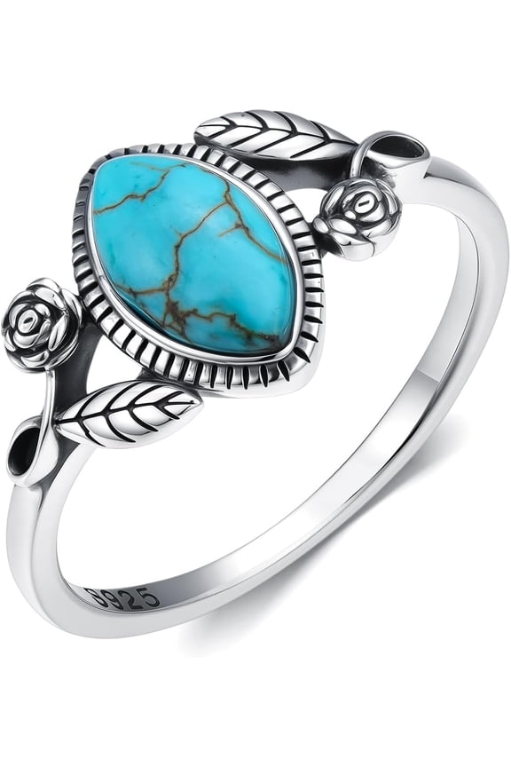 Genuine Turquoise Rings for Women 925 Sterling Silver 5X9mm Natural Marquise Shape Turquoise Flower Ring Western Gemstone Jewelry Gifts for Mom Wife Her