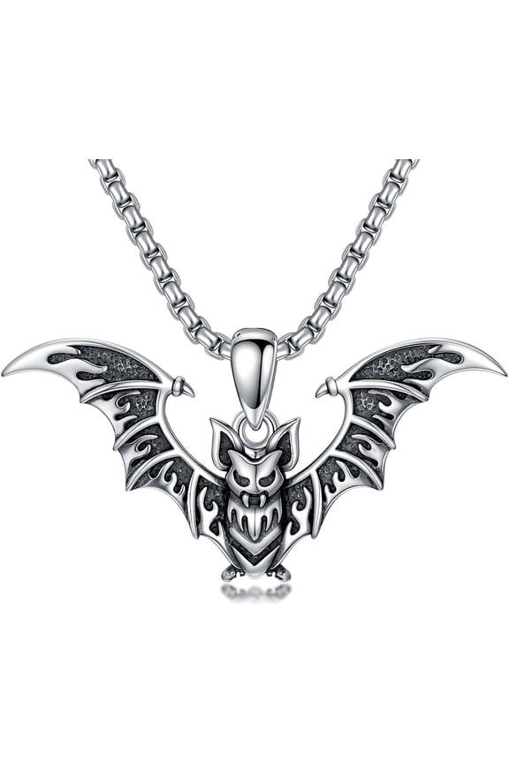 Gothic Bat Necklace for Men 925 Sterling Silver Bat Pendant Halloween Jewelry for Women Men, w/Stainless Steel Chain 22''+2''
