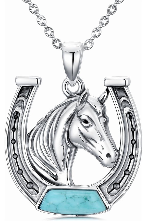 Horse Necklace 925 Sterling Silver Real Turquoise Lucky Horseshoe Pendant Jewelry Gifts for Women
