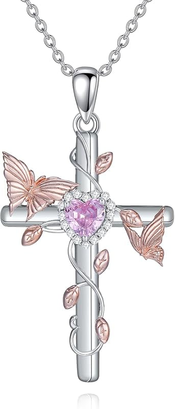 DVEATR Hummingbird/Butterfly Cross Necklace for Women 925 Sterling Silver Hummingbird Cross Necklace with Birthstone Animal Pendant daintyJewelry Gift for Women.