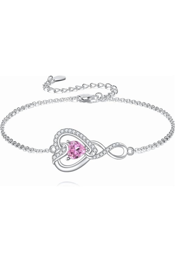 Infinity Heart Birthstone Bracelet 925 Sterling Silver Forever Love with Birthstone Adjustable Bracelet for Anniversary Birthday Women Gifts