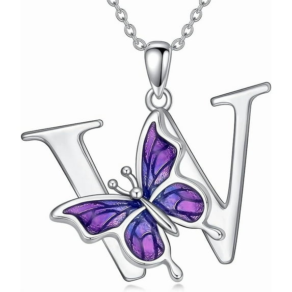 DVEATR Initial Necklace for Women 925 Sterling Silver Purple Butterfly with A-Z 26 Letters Pendant Necklace for Graduation Gifts