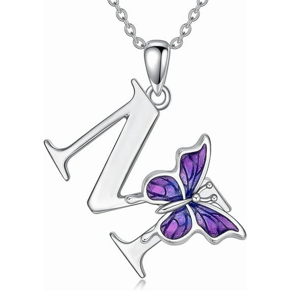 DVEATR Initial Necklace for Women 925 Sterling Silver Purple Butterfly with A-Z 26 Letters Pendant Necklace for Graduation Gifts