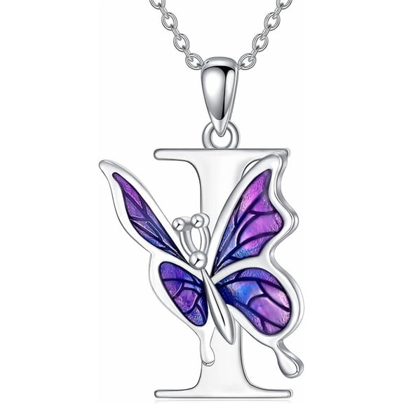 DVEATR Initial Necklace for Women 925 Sterling Silver Purple Butterfly with A-Z 26 Letters Pendant Necklace for Graduation Gifts