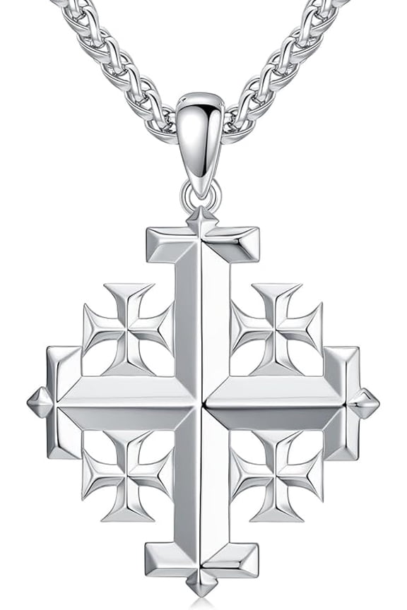 Jerusalem Cross Necklace 925 Sterling Silver Christian Jewelry for Men, w/Stainless Steel Chain 22 + 2 Inch