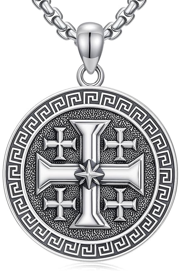 Jerusalem Cross Necklace 925 Sterling Silver Christian Jewelry for Men, w/Stainless Steel Chain 22 + 2 Inch