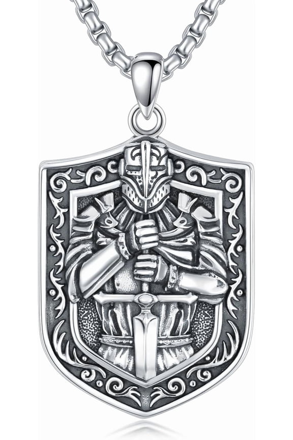 Knight's Templar Necklace for Men, Sterling Silver Shield Pendant with 3mm 24+2" Stainless Steel Chain, Men's Scripture Bible God Armor Necklace, Religious Necklace, Gift for Men and Women