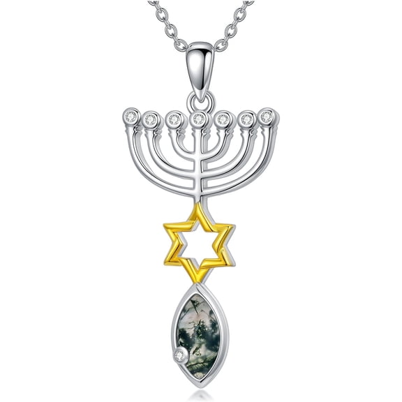 DVEATR Messianic Jewelry 925 Sterling Silver Unique Messianic Seal and Natural Moss Agate Necklace Protection Jewish Pendant Hanukkah Shabbat Religious Jewelry Gifts for Women