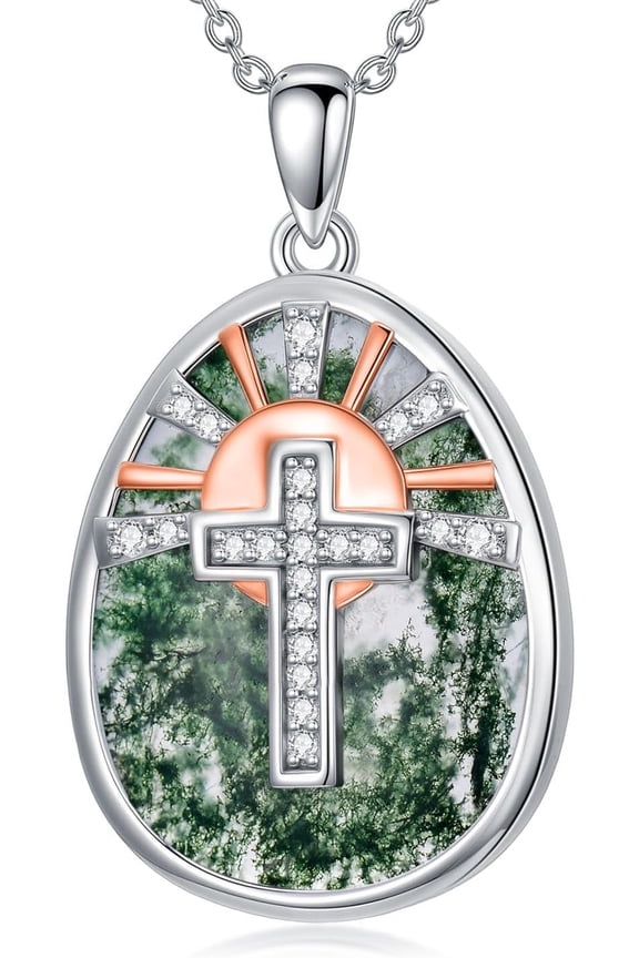 Moss Agate Cross Necklace for Women 925 Sterling Silver Sunrise Style Cross and Natural Moss Agate Pendant Necklace Blessing Protection Religious Jewelry Gifts for Women