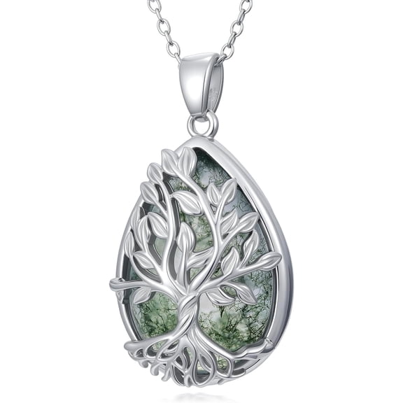 DVEATR Moss Agate Tree of Life Necklace 925 Sterling Silver Real Moss Agate Gemstone Family Tree Pendant Jewelry Gifts for Women