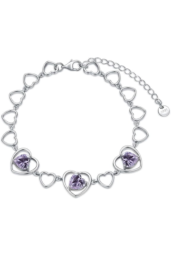 Mother's Day 3 Heart Birthstone Bracelet 925 Sterling Silver Gemstone Bracelets Jewelry Gifts for Women Wife Mother 6.5-inch Chain and 2-inch Extender