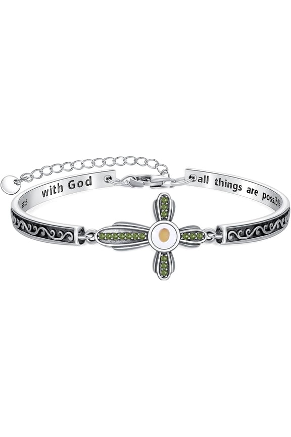 Mustard Seed Cross Bracelet with 12 Birthstones Sterling Silver With God All Things are Possible Bangle Christian Faith Religious Jewelry Gift for Women