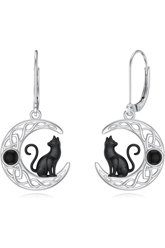 Natural Black Onyx Moon and Black Cat Earrings for Women 925 Sterling Silver Genuine Black Onyx Jewelry Gifts