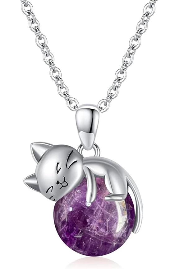 Natural Gemstone Cat Necklace for Women 925 Sterling Silver Cute Kitten Pendant with Genuine Turquoise/Rose Quartz/Amethyst/Larimar/Labradorite/Moss Agate/Blue Sandstone Jewelry Gifts