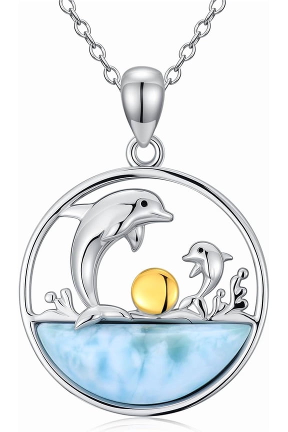 Natural Larimar Dolphin Necklace for Women 925 Sterling Silver Dolphin Pendant Necklaces Larimar Beach Jewelry Gifts for Mom Wife