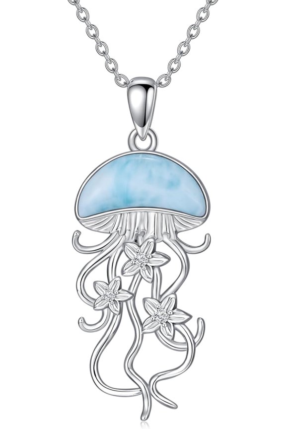 Natural Larimar Jellyfish Necklace for Women 925 Sterling Silver Jellyfish Pendant Ocean Jellyfish Necklaces Hawaiian Ocean Jewelry Gifts for Mom Wife