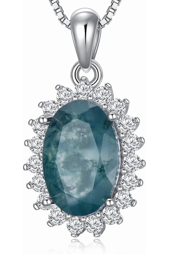Natural Moss Agate Necklace S925 Sterling Silver Oval-cut Green Moss Agate Necklace Natural Agate Gemstone Jewelry for Women Mom Wife Family