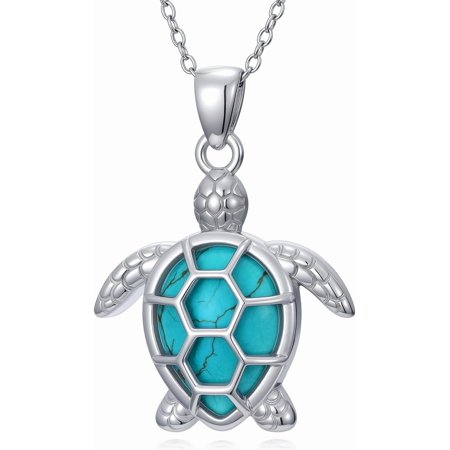DVEATR Natural Turquoise Turtle Necklace 925 Sterling Silver Sea Turtle Pendant Necklace Genuine Gemstones Turtles Jewelry for Women