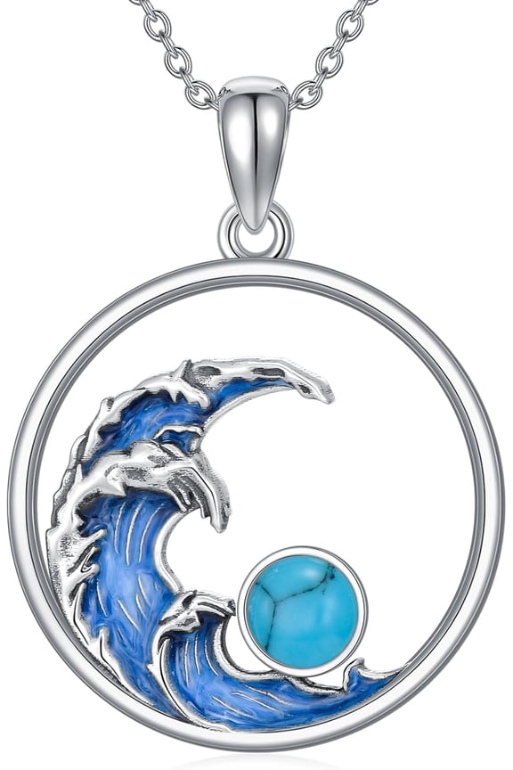 Ocean Wave Necklace for Women 925 Sterling Silver Ocean Pendant Necklace with Circle Turquoise Ocean Charm Pendant Necklace Surfer Beach Jewelry Gift.