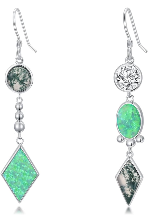 Opal Earrings Dangle Drop Earrings 925 Sterling Silver -14K White Gold Plated Dangle Drop Earring with Opal Moss Agate Birthday for Women