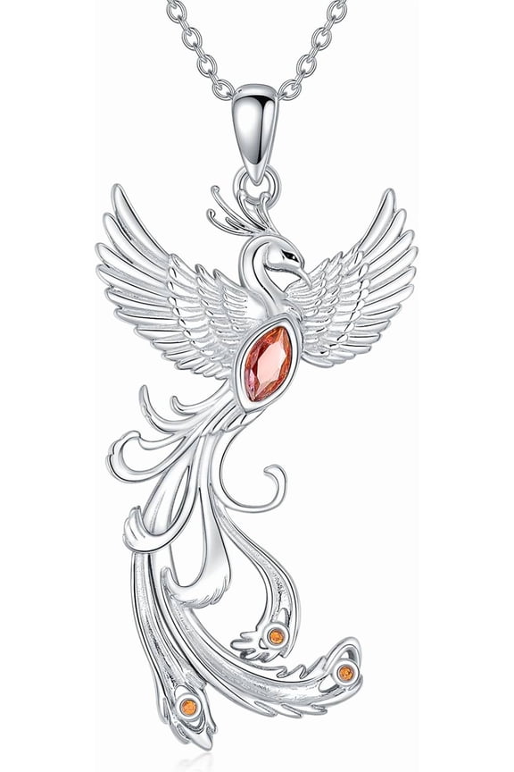Phoenix Necklace for Women, 925 Sterling Silver Natural Garnet Nirvana of Phoenix Pendant Necklace Symbol of Luck and Renewal Jewelry Gift for Women Daughter Girlfriend Mother Sister