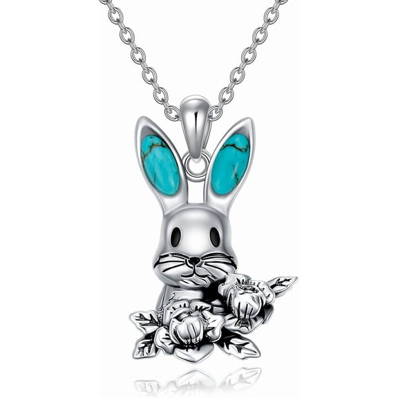 DVEATR Rabbit Necklace 925 Sterling Silver Real Turquoise Gemstone Easter Bunny Pendant Animal Vintage Jewelry Gifts for Women Rabbit Lover