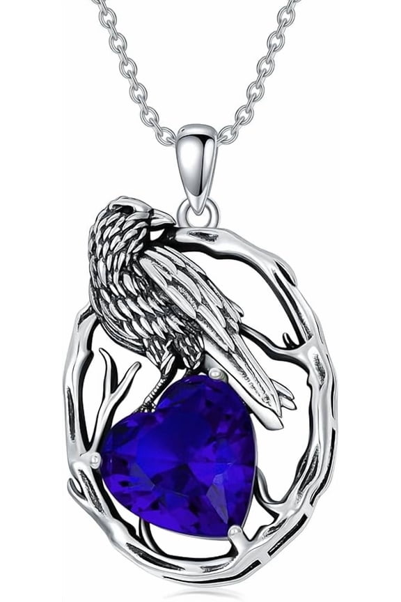 Raven Necklace 925 Sterling Silver Crow Raven with Birthstone Pendant Necklace for Women