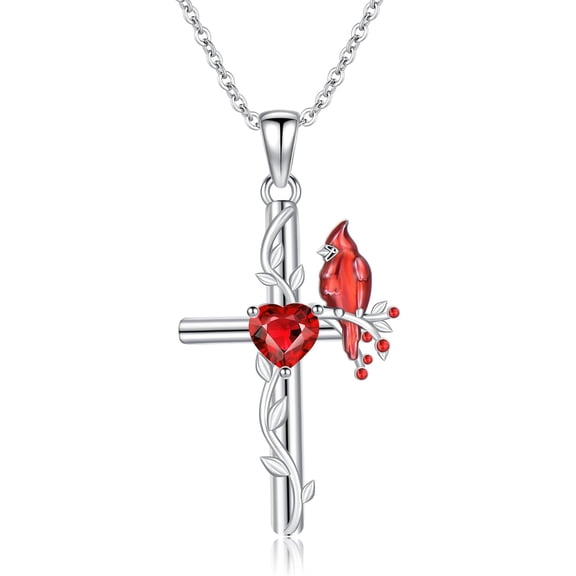 DVEATR Red Cardinal Bird Necklace for Women Garnet 925 Sterling Silver Cardinal Cross Pendant Ladies Necklaces Jewelry Easter Gifts for Mom