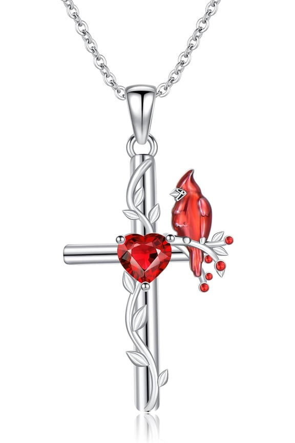 Red Cardinal Bird Necklace for Women Garnet 925 Sterling Silver Cardinal Cross Pendant Ladies Necklaces Jewelry Easter Gifts for Mom