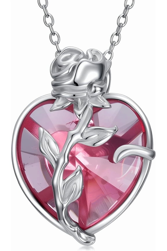 Rose Necklace for Women Sterling silver Rose Flower Pendant Necklace with Heart Crystal Jewelry Valentines Day Gifts
