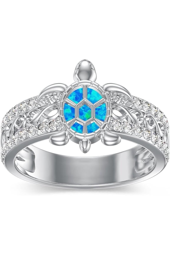 Sea Turtle Ring Blue Opal 925 Sterling Silver Infinity Turtle Rings for Women Cute Ocean Animal Tortoise Ring Longevity Jewelry Mother Day Christmas Gifts