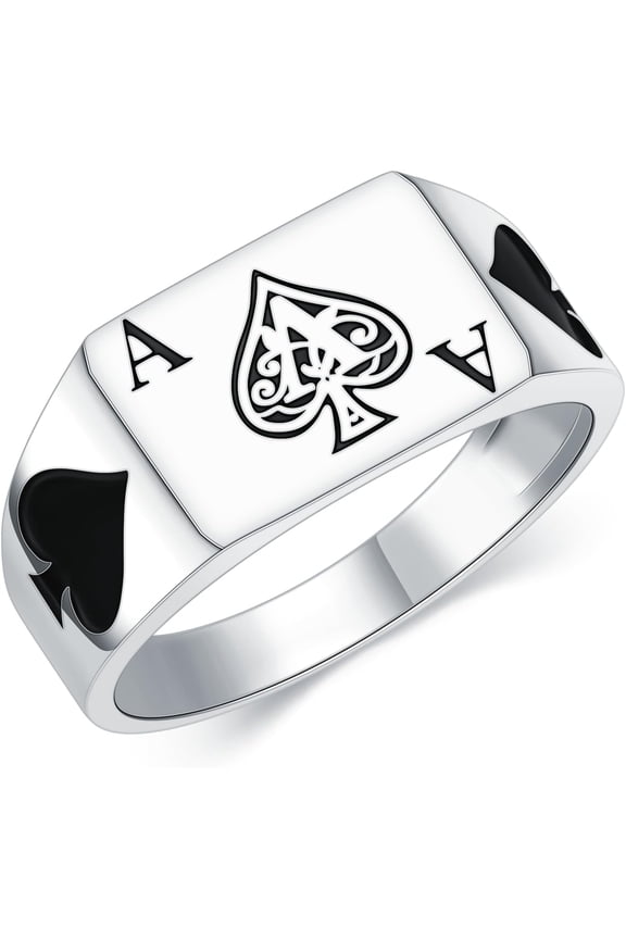 Signet Ring Sterling Silver Poker Card Ace of Spade Ring Gambling Ring for Men Women Size 9-11