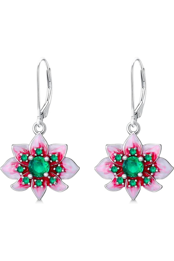 Silver Lotus Lever Earrings for Women, Lotus Jewelry for Christmas, Birthday, Mother's Day, Gift for Mom and Daughter, Standard Sterling Silver, Cubic Zirconia