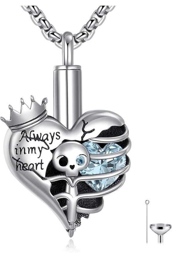 Skeleton Urn Necklace for Ashes 925 Sterling Silver Heart Birthstone Skull Urn Pendant Necklaces Memorial Keepsake Cremation Jewelry for Women Men, 20"+2"