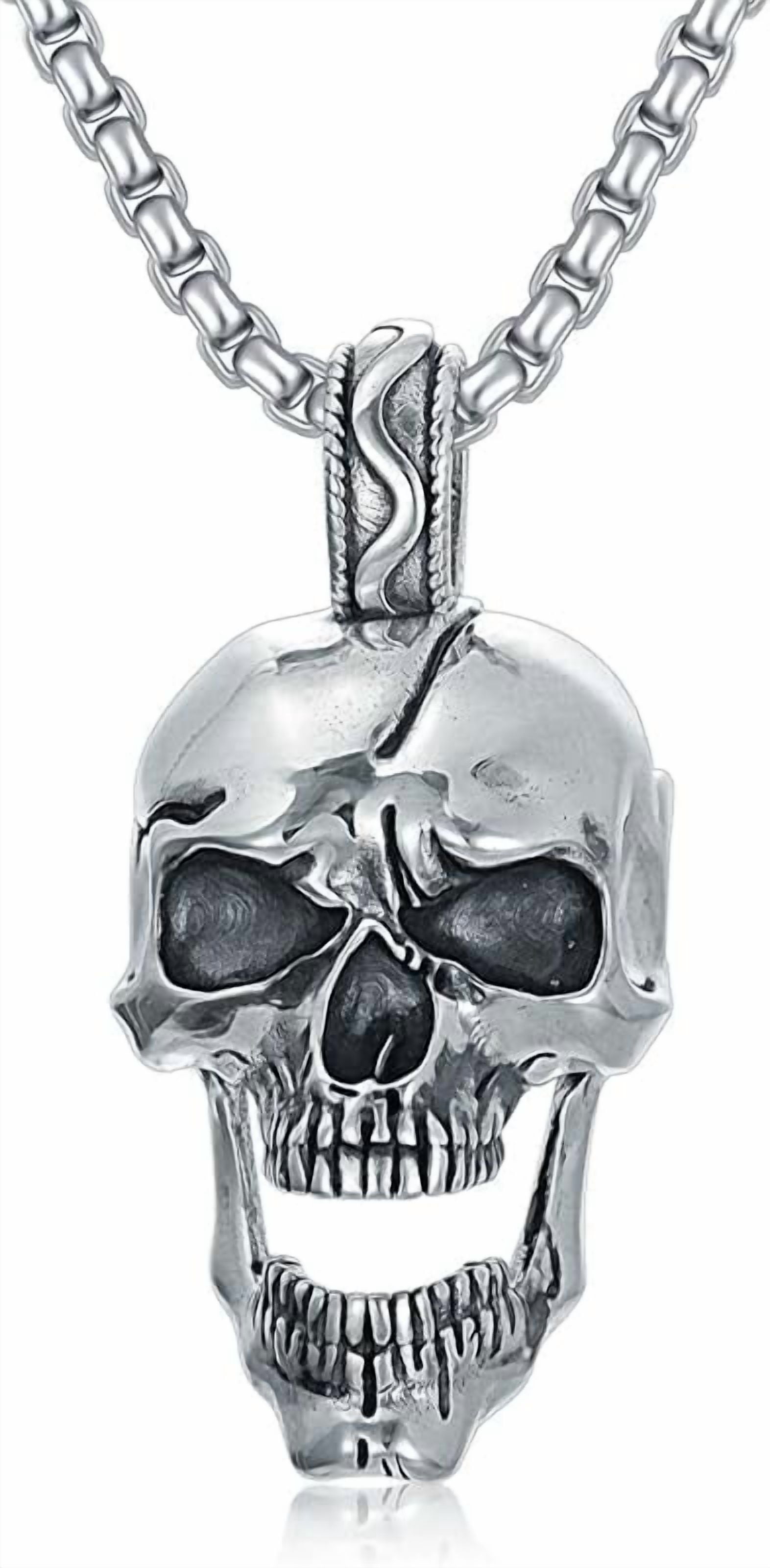 DVEATR Skull Head Necklace 925 Sterling Silver/18K Gold Plated/Black Gothic Skull Jewelry for Men, with Stainless Steel Chain 22+2 Inch