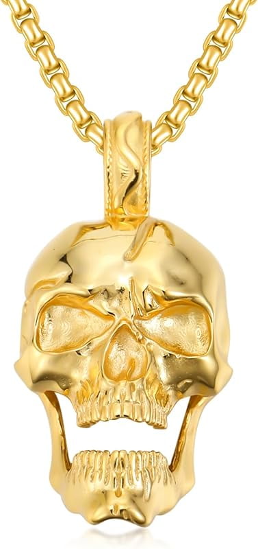 DVEATR Skull Head Necklace 925 Sterling Silver/18K Gold Plated/Black Gothic Skull Jewelry for Men, with Stainless Steel Chain 22+2 Inch