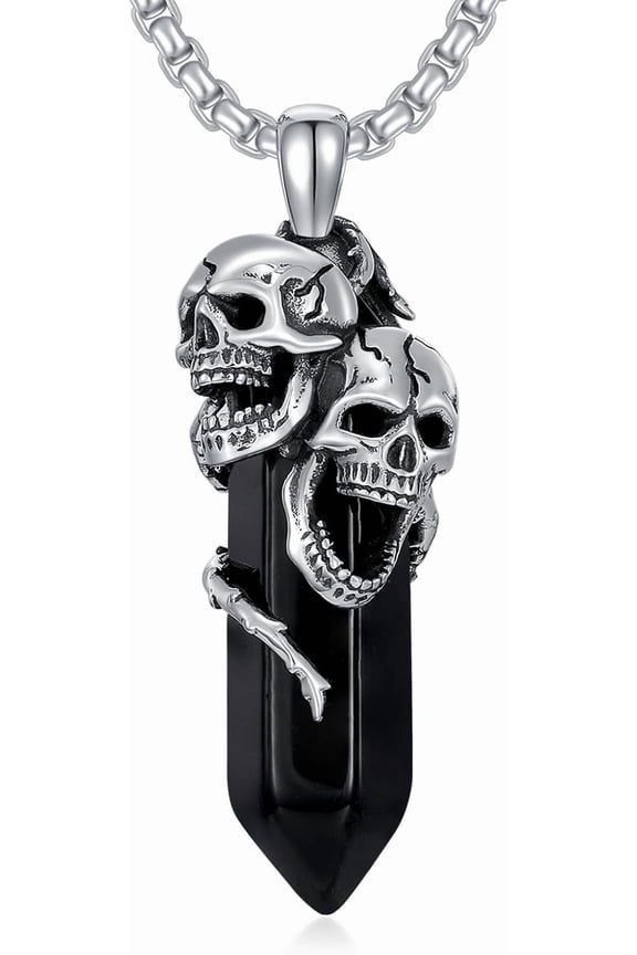 Skull Necklace 925 Sterling Silver Black Obsidian Skull Pendant Goth Jewelry for Men Women, w/Stainless Steel Chain 22''+2''