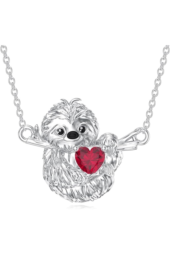 Sloth Necklace 925 Sterling Silver Cute Sloth Pendant with Heart Birthstone Jewelry for Women Christmas Gifts
