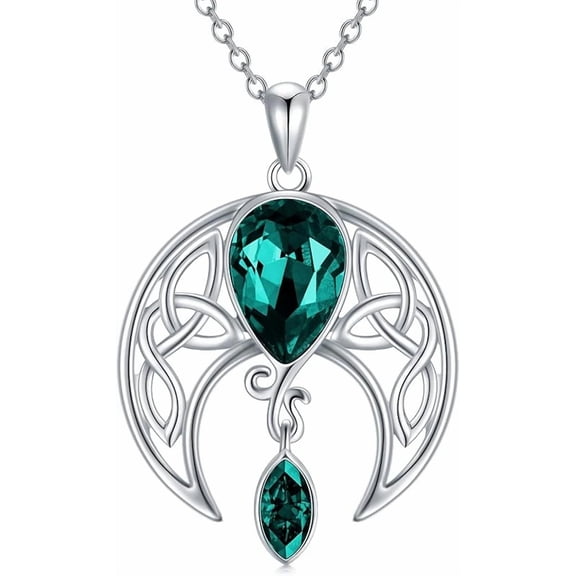 DVEATR Sterling Silver Celtic Crescent Moon Goddess Pendant Irish Good Luck Necklace with Birthstone Crystal, Celtic Moon Jewelry Gift for Women Mom Wife