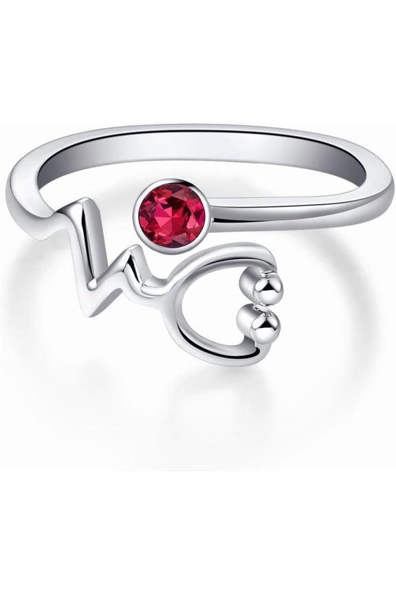 Sterling Silver Heartbeat EKG Stethoscope Ring Embellished with Simulated Birthstone Crystal from Austria, Medical Jewelry for Doctor Nurse Medical Student RN Nurse Gifts for Women