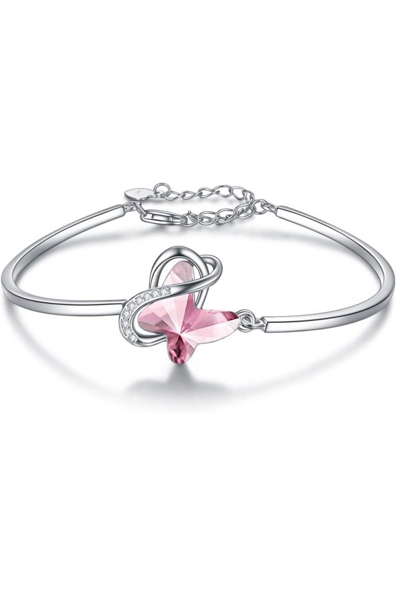 Sterling Silver Infinity & Morpho Helena Butterfly Bangle Bracelet Embellished with Crystals from Austria, Fine Anniversary Birthday Butterfly Jewelry Gifts for Women