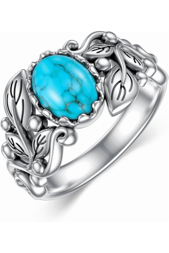 Sterling Silver Leaf Turquoise Ring - Vintage-Inspired Oval Gemstone Jewelry Gift for Women, Wife, Mom